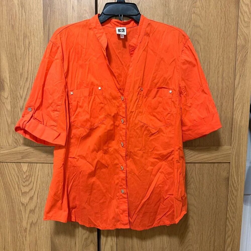 Anne Klein Cotton Blend Stretchy Orange Button Down Short Sleeve Blouse Top